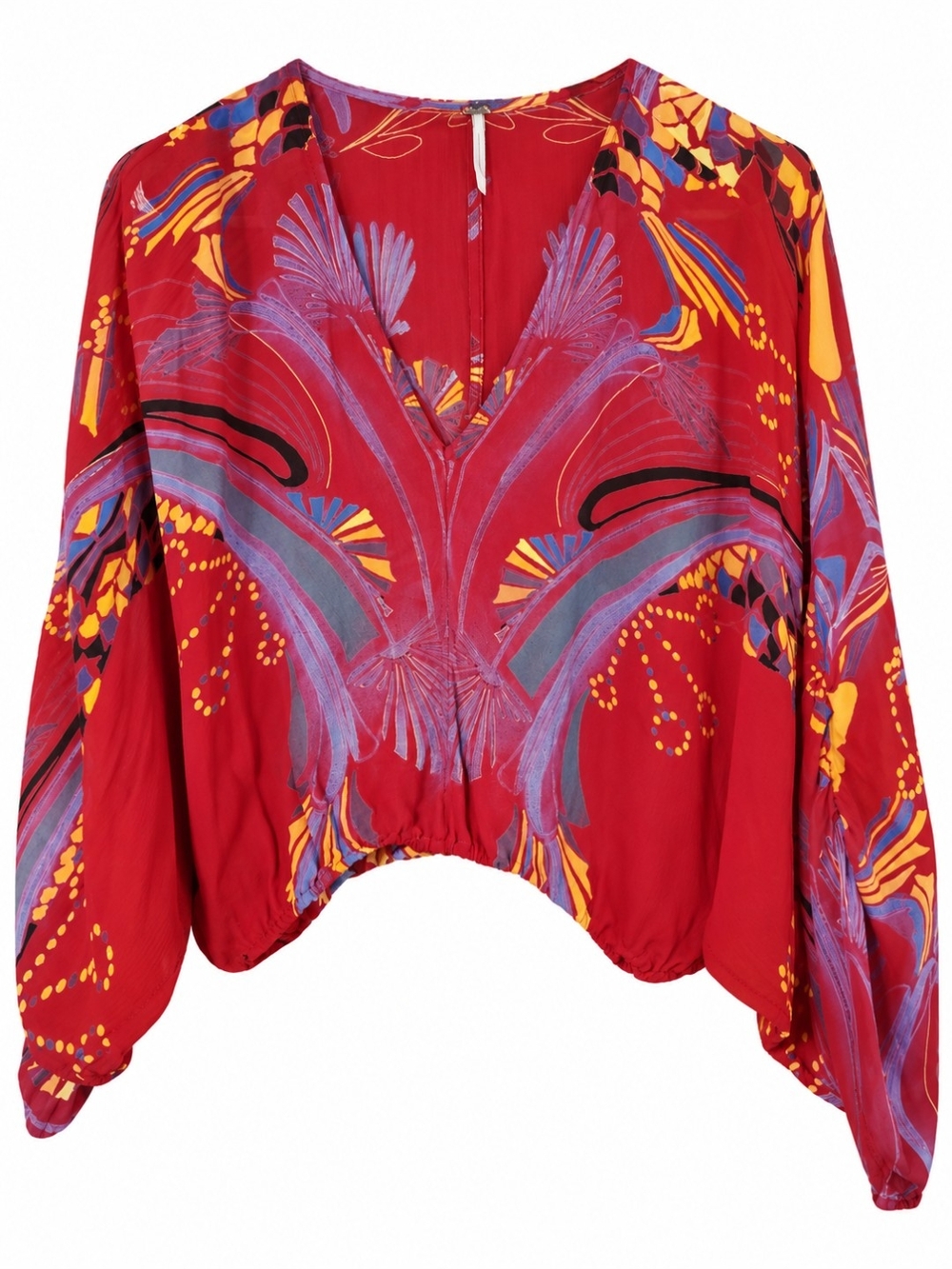 Free People XS Red Abstract Print Dolman Sleeve Boho Blouse EUC - Picture 2 of 5